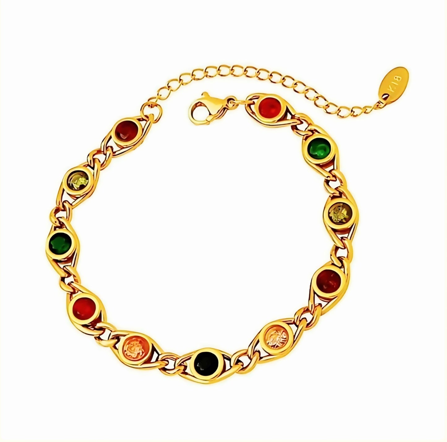 Gold bracelet with multi-colored stones on a white background