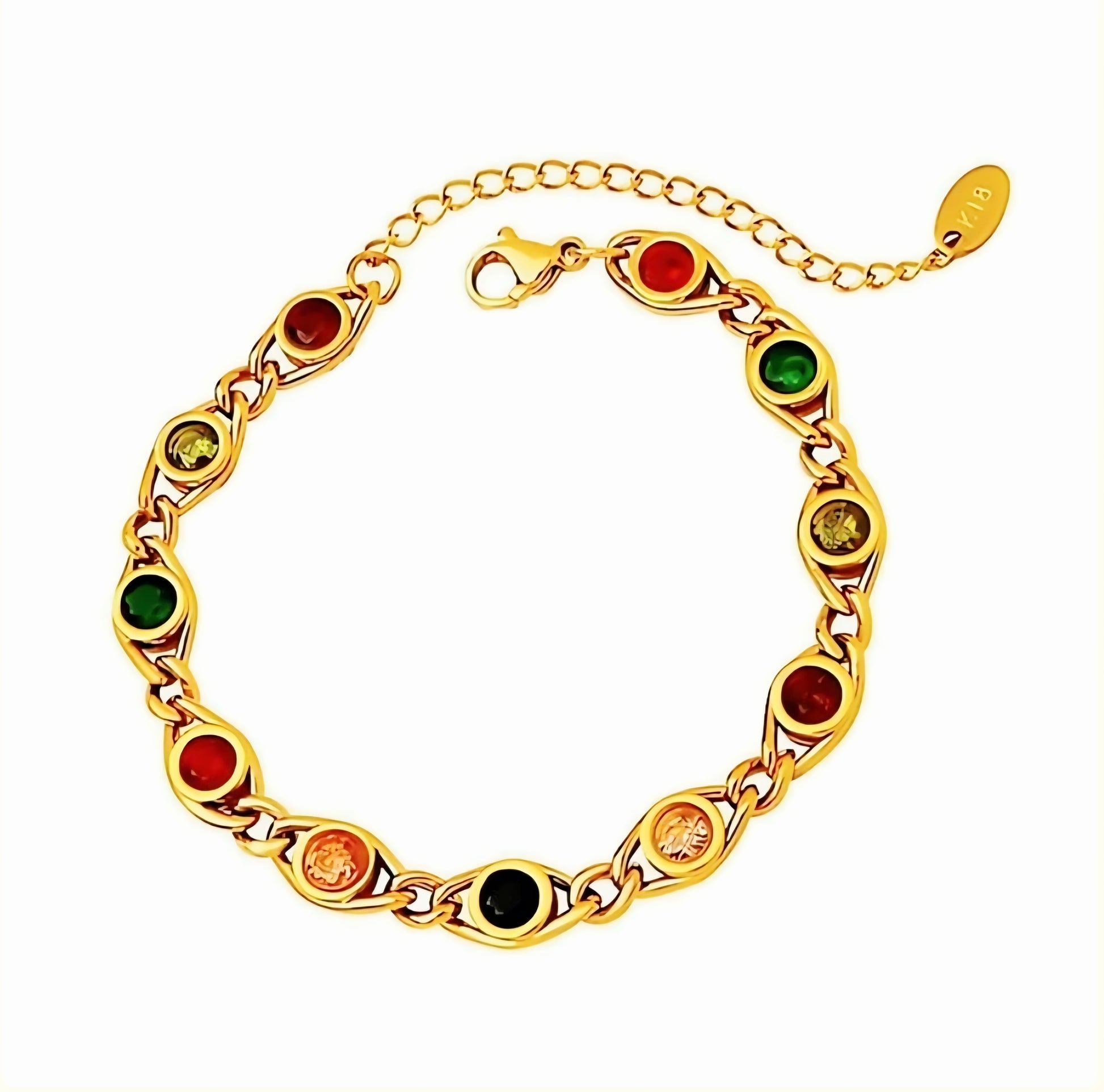 Gold bracelet with multi-colored stones on a white background