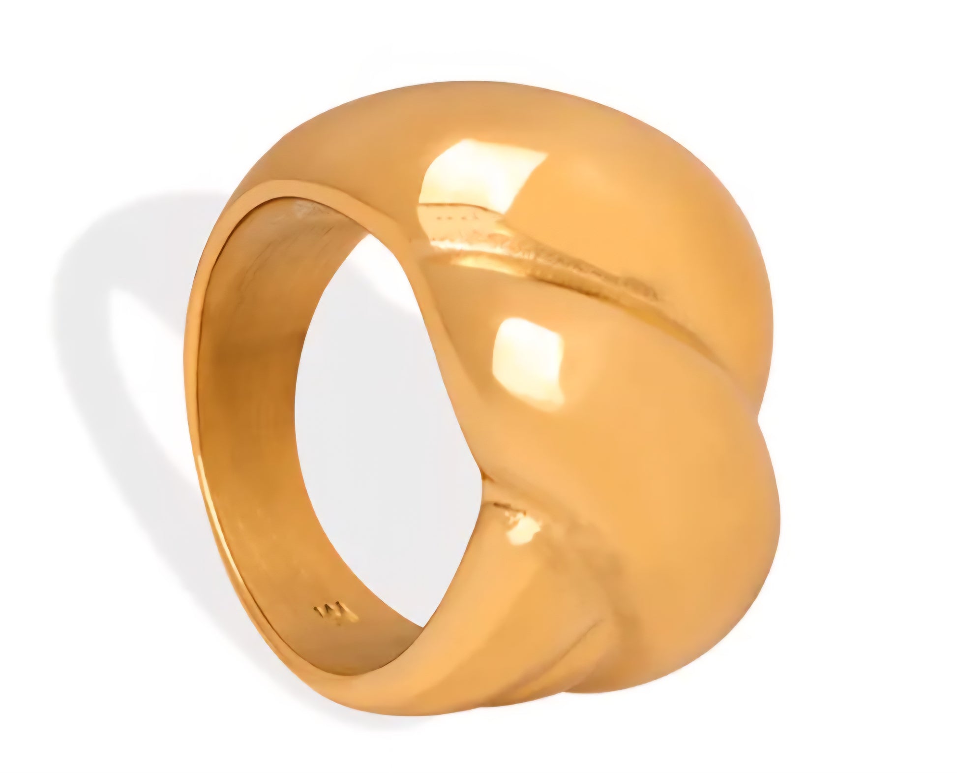 Chunky, bold double croissant shaped gold ring on a white background