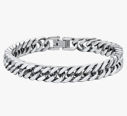 A Cuban link silver bracelet with box clasp on a white background.