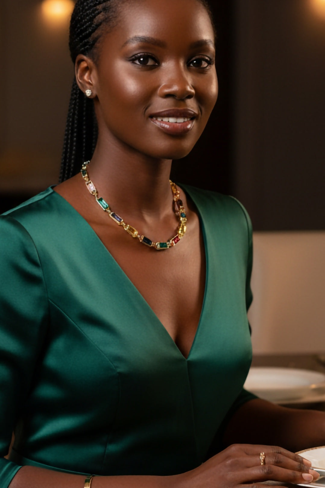 Woman wearing a green dress with a deep neckline and a gold multi-colored necklace.

