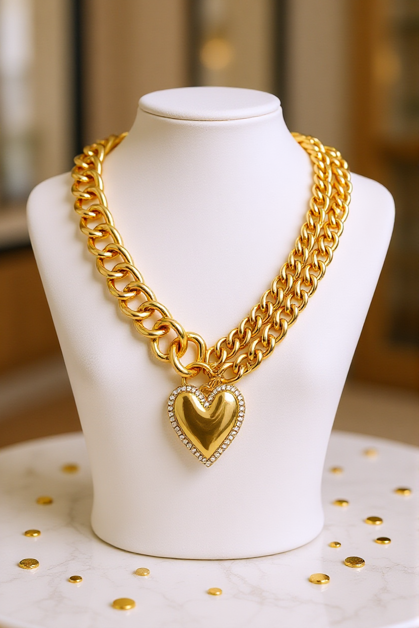 Gold chain necklace with a heart pendant on a white mannequin bust.