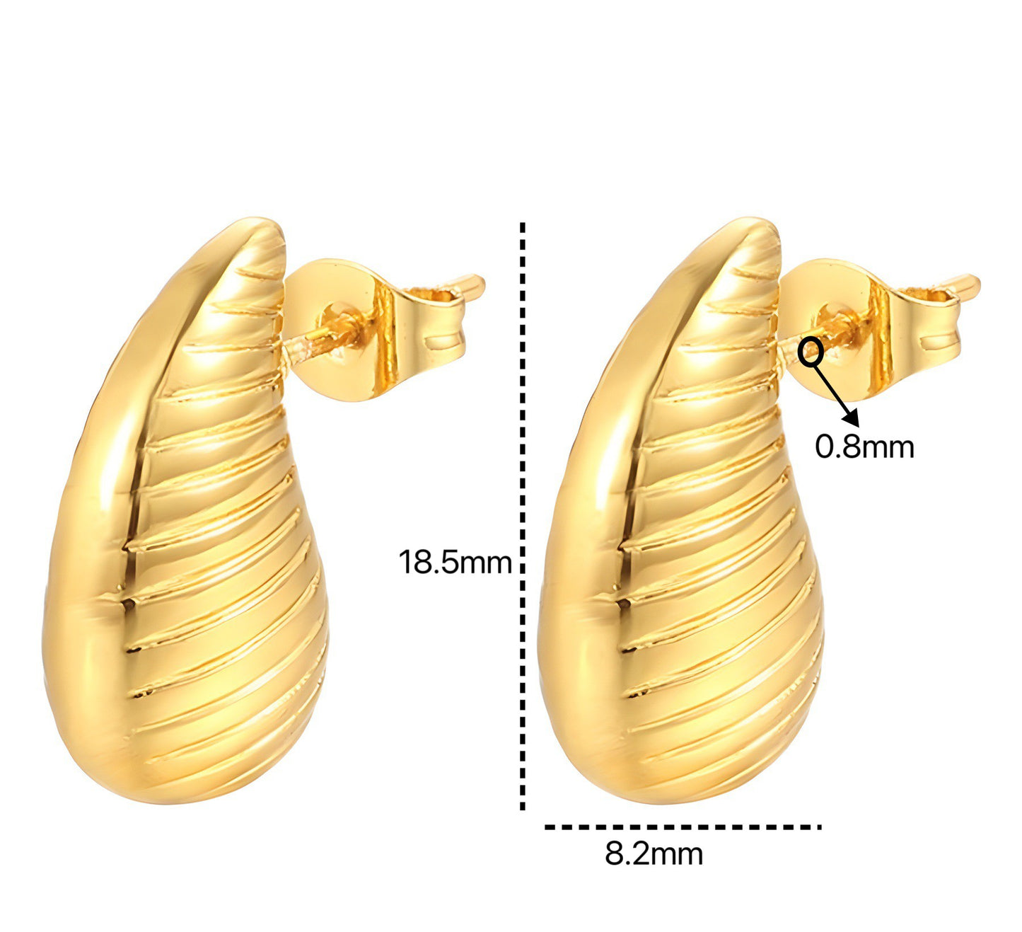 Gold teardrop earrings with measurements on a white background