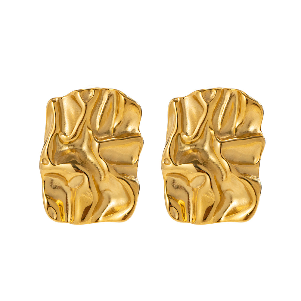 Pair of gold hammered-look stud earrings on a white background