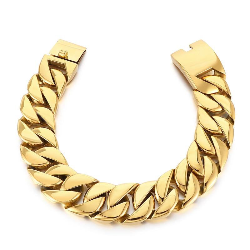 Gold Cuban link bracelet on a white background
