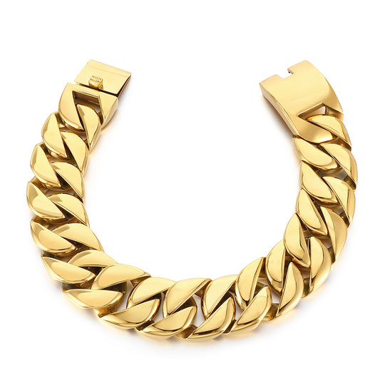 Gold Cuban link bracelet on a white background