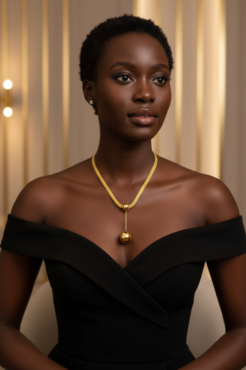 Woman wearing a gold necklace against a warm-toned curtain background