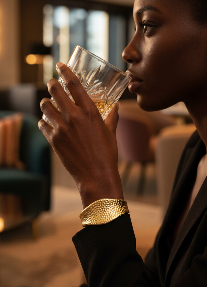 Woman wearing a gold bracelet holding a glass of whiskey in a cozy indoor setting
