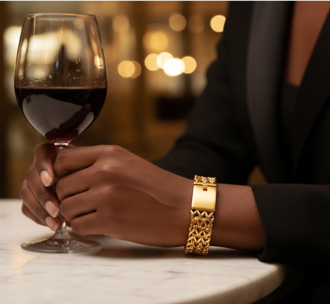 Hand holding a glass of red wine with a gold bracelet on a woman wrist holding a wine glass.