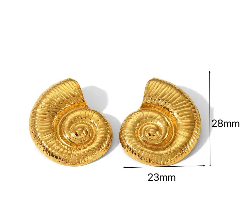 Gold nautilus shell shape earrings with measurements on a white background