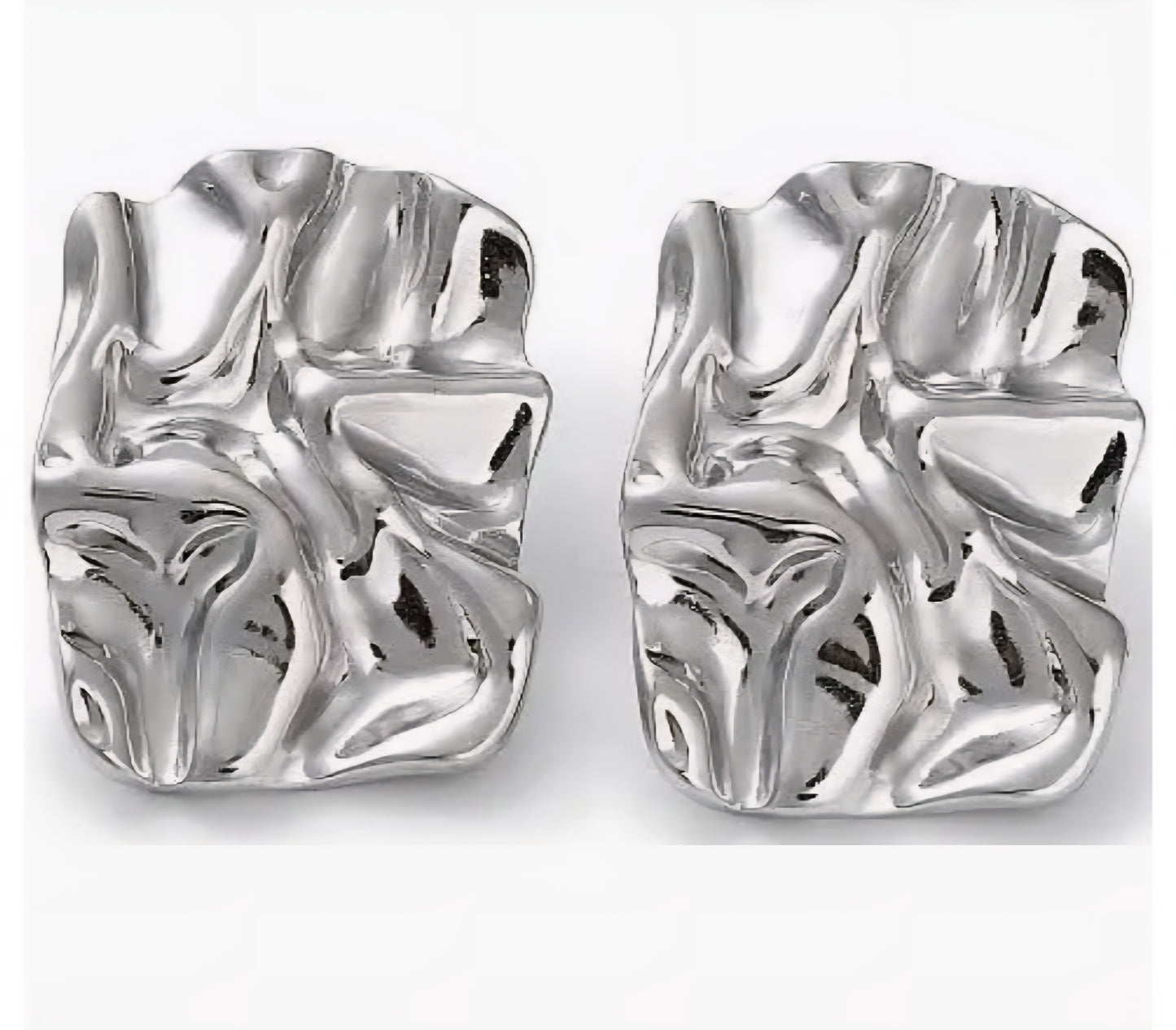 Pair of silver hammered-look stud earrings with a textured design on a white background