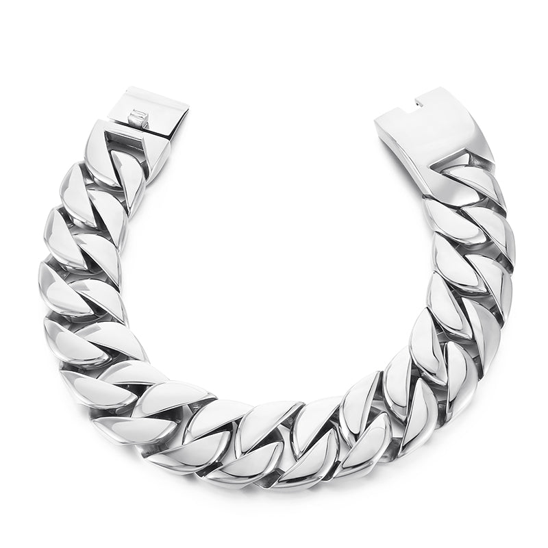 Silver Cuban link bracelet on a white background

