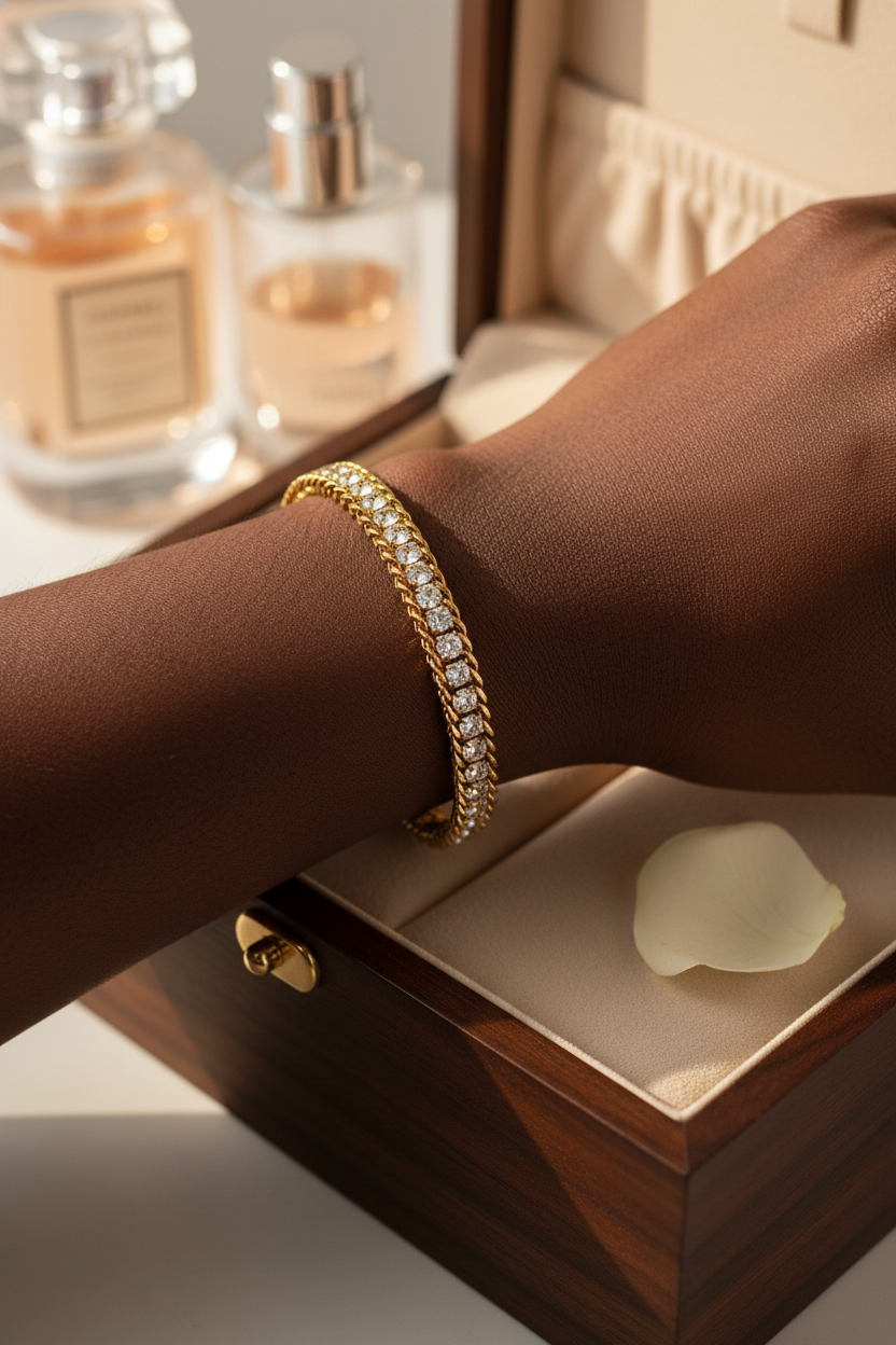 Gold bracelet on a wrist with perfume bottles in the background