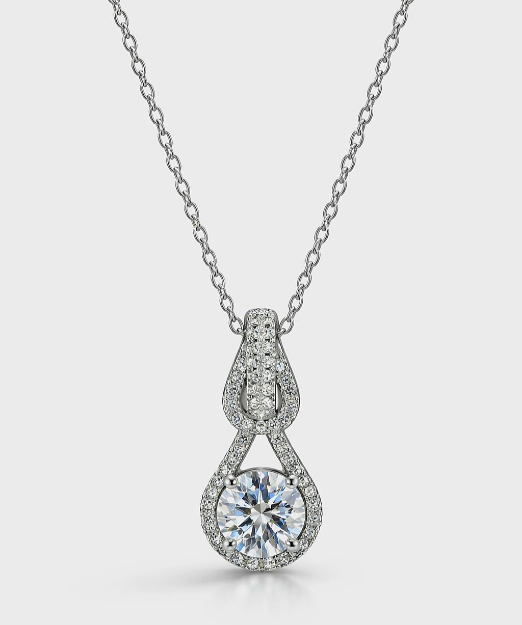 Necklace with Moissanite gemstone on a light gray background