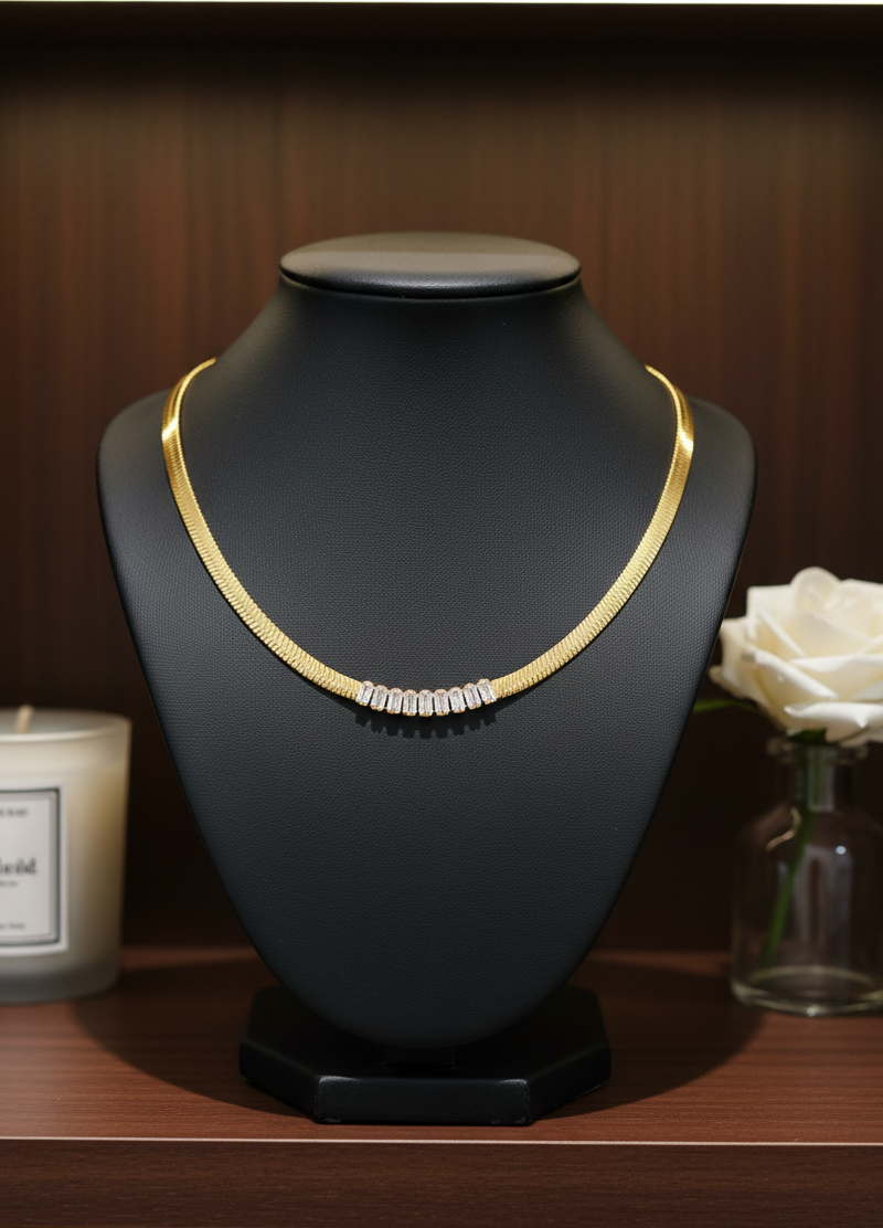 CZ Baguette Herringbone Necklace
