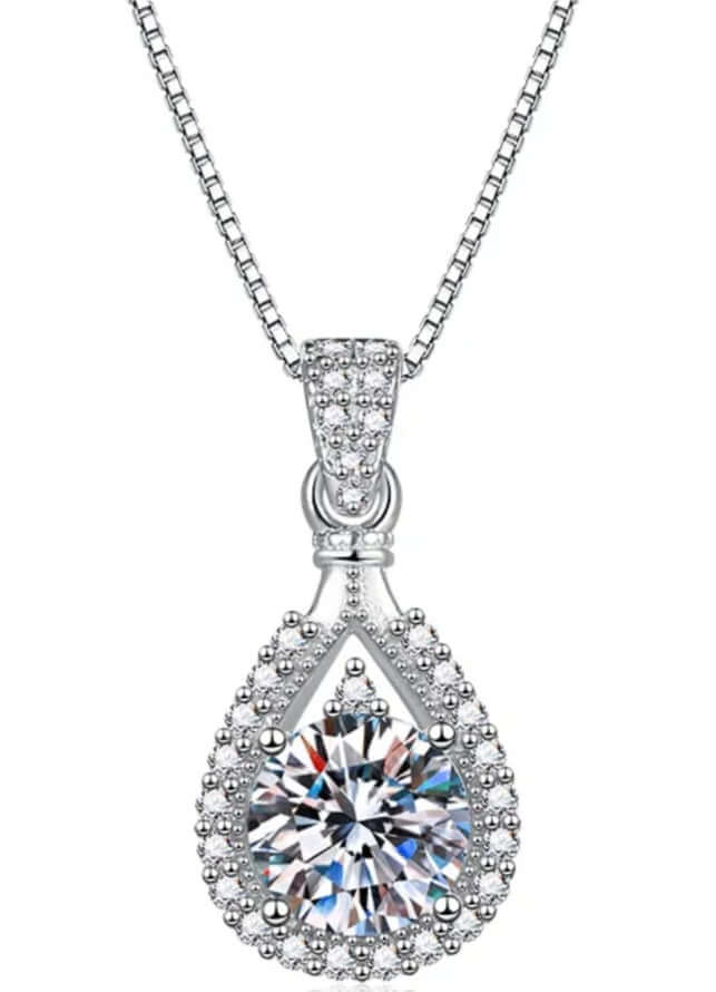 Silver teardrop Moissanite pendant necklace on a white background
